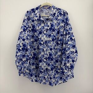 Woman Within Womens 1X Blue Floral Button Down Shirt Long Sleeve Cotton Blend